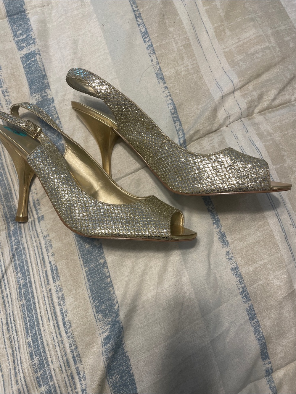 Nine West Gold Glitter Peep-Toe Slingback Heels